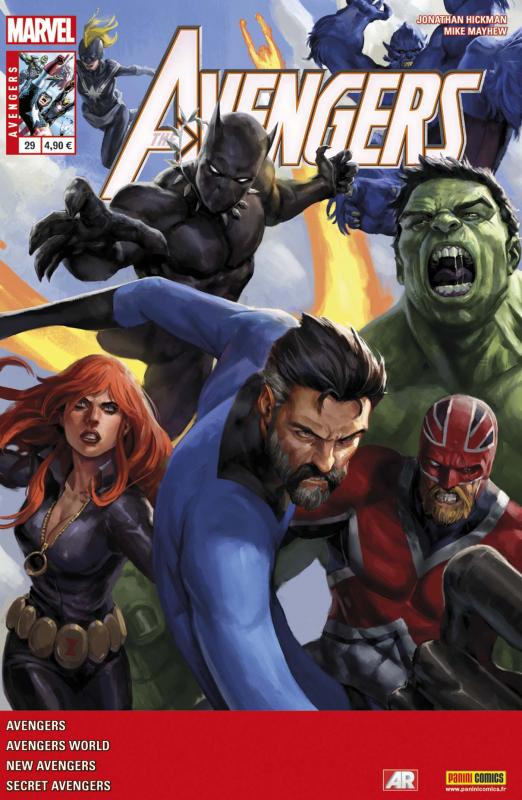 The Avengers (revue) – V 4, T29 : ... et il ne reste que des cendres (0), comics chez Panini Comics de Kot, Hickman, Barbiere, Mayhew, Walsh, Checchetto, Deodato Jr, Mossa, Wilson, Beredo, Caselli